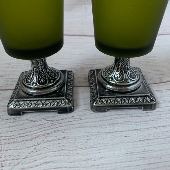 Green Frosted Glass Votive Candle Holders Set of 2 Square Metal Base 4 3/8" - Picture 7 of 16